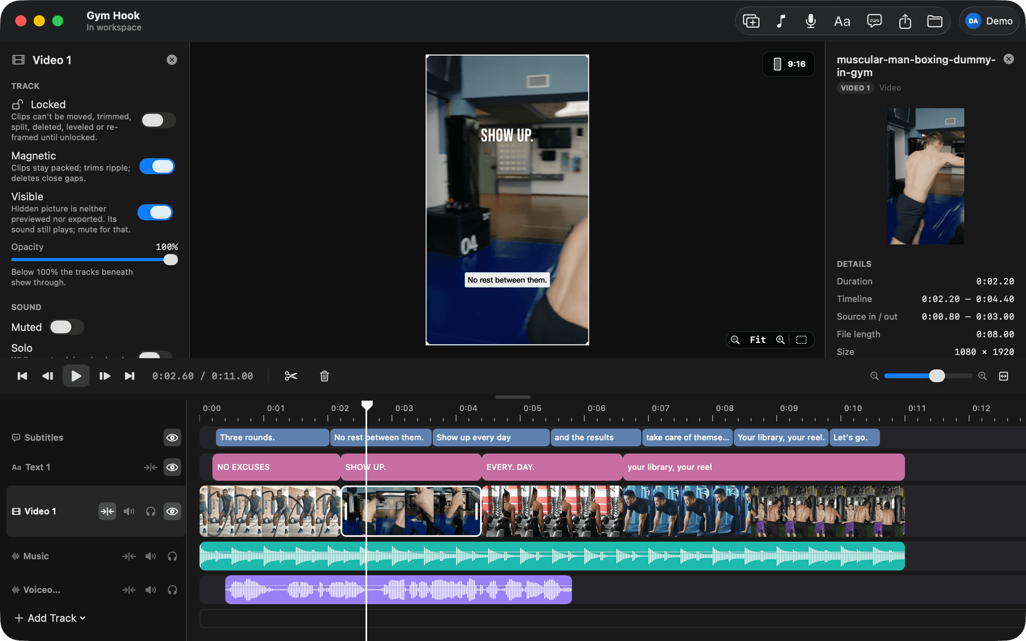 The BetterEdits window with a clip selected: the Video track panel on the left, the clip inspector on the right, the timeline below.