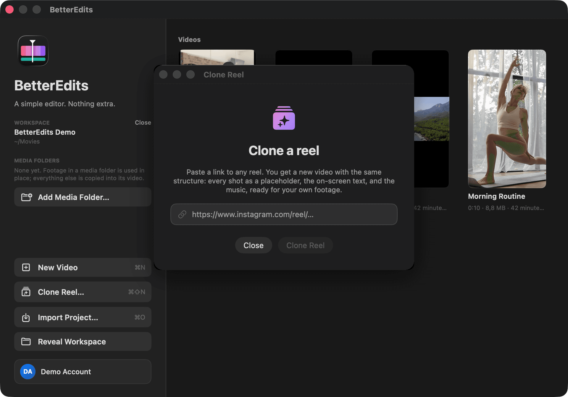 The Clone Reel window over the workspace: paste a reel's link and it becomes a project with named slots.