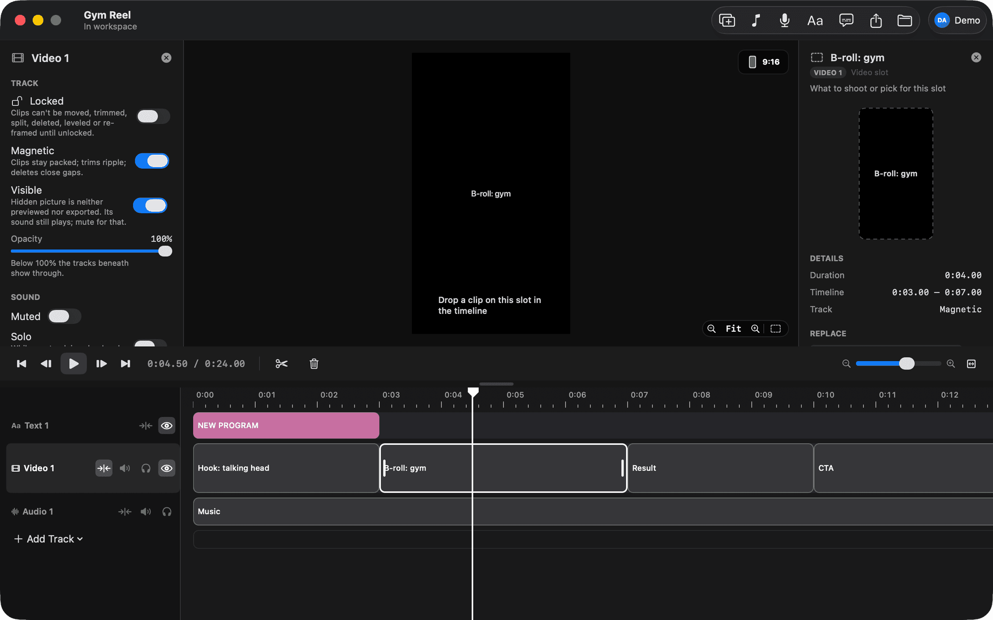 A project of named slots, Hook: talking head, B-roll: gym, Result and CTA, with the B-roll slot selected and its note in the inspector.
