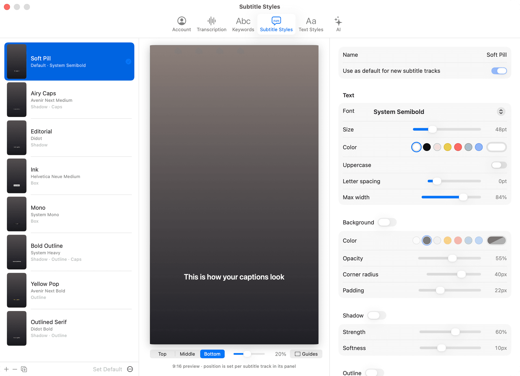 Settings › Subtitle Styles: eight presets, the live 9:16 preview, and the font, colour, background and shadow controls.