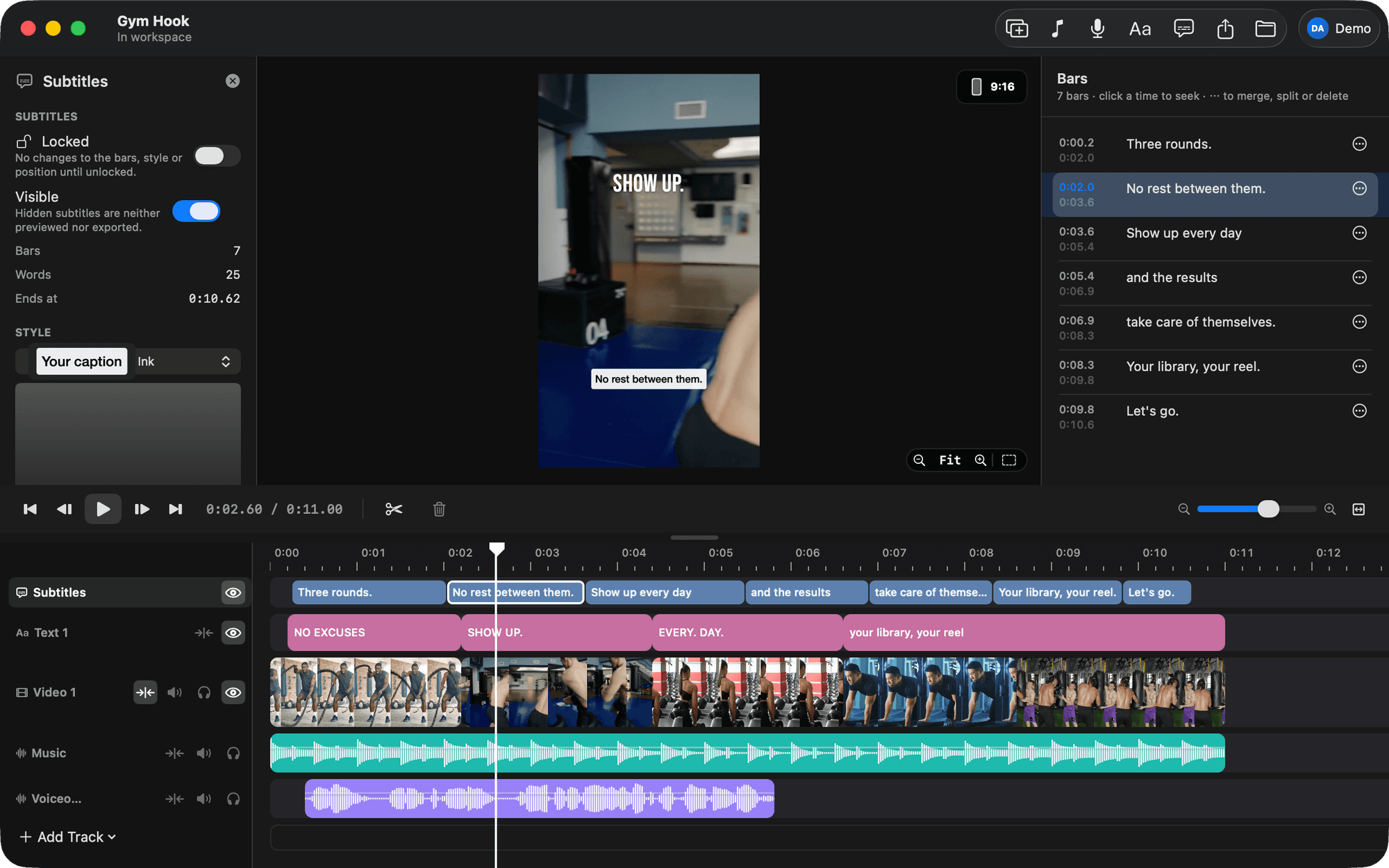 The Subtitles inspector and the Bars list, one bar selected on the timeline, its caption on the viewer.