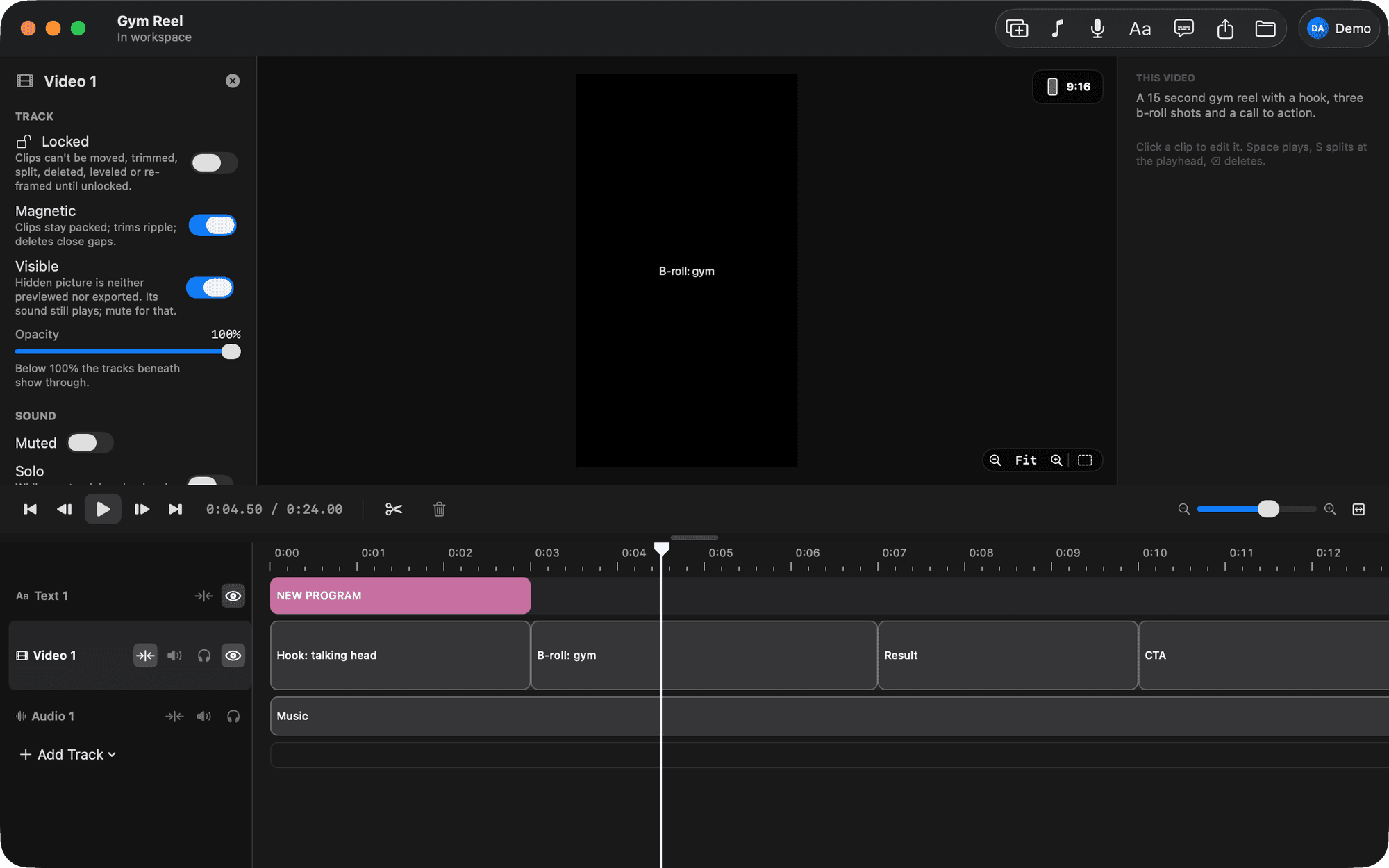 A project opened from a structure: four named slots, a title, a music slot, and the video's brief in the sidebar.