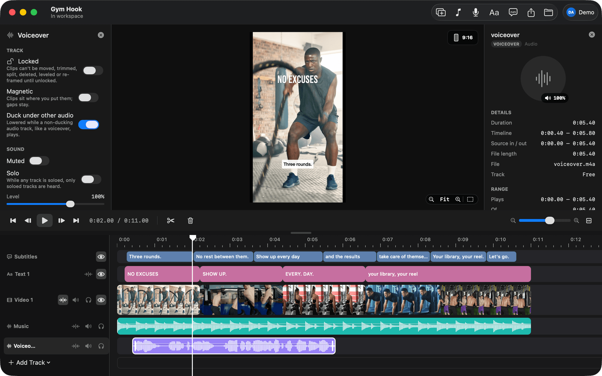 A voiceover take selected on its track: the Voiceover track panel with Duck under other audio on, and the clip's inspector.