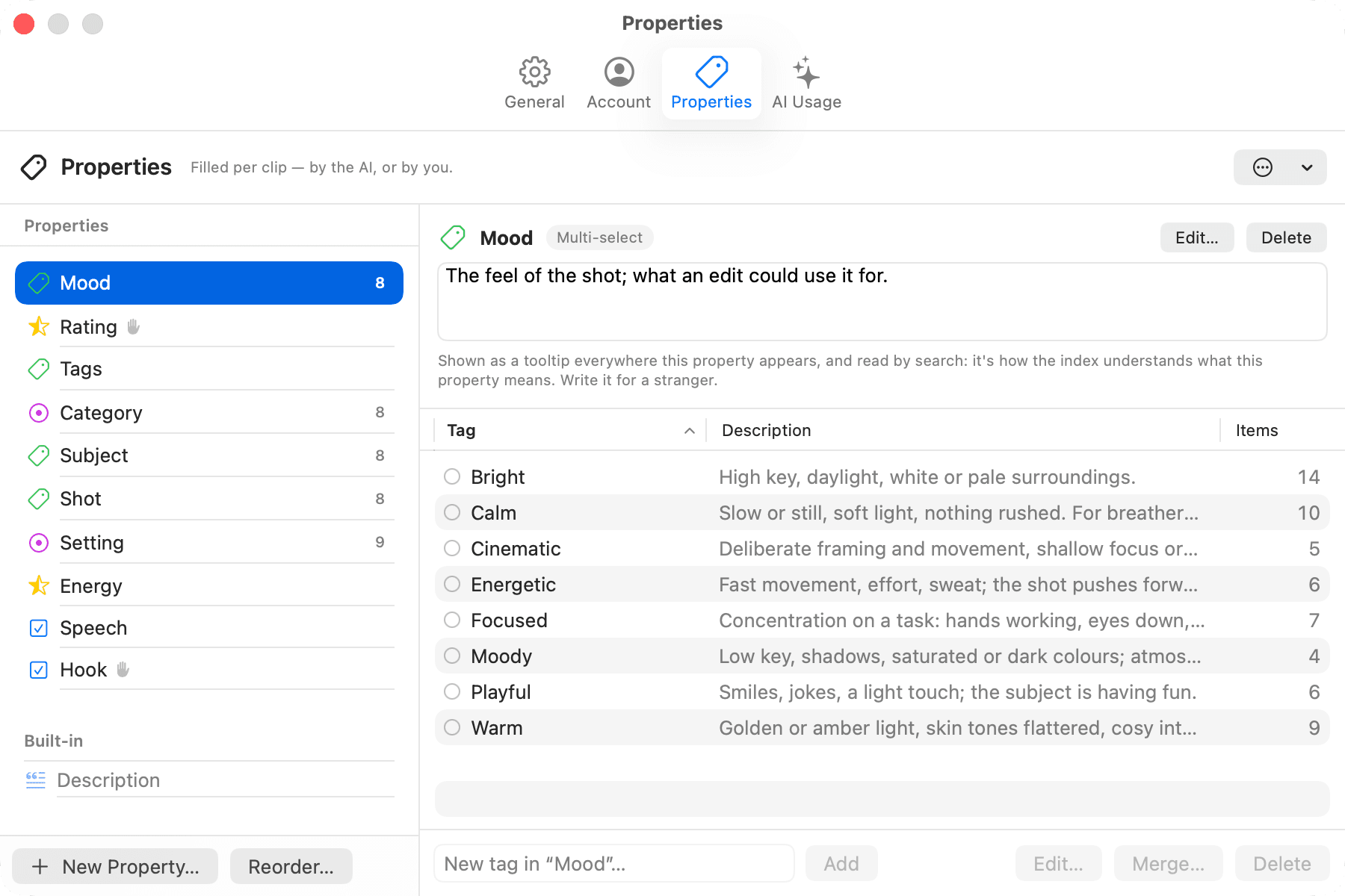 Settings › Properties with Mood selected: eight tags, each with the description that says when it applies, and how many clips carry it.
