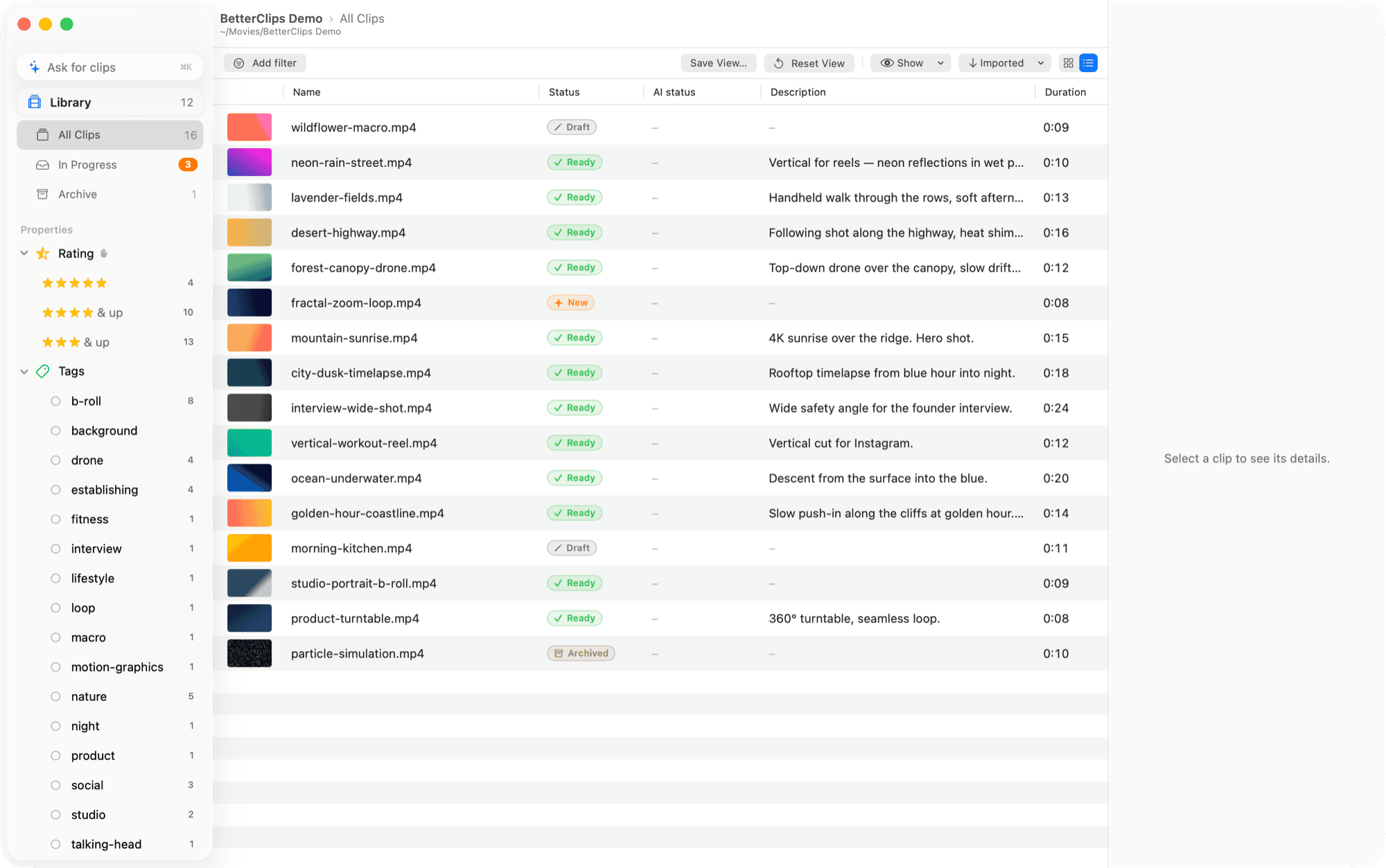 The All Clips shelf as a table, with status, properties and highlight columns.